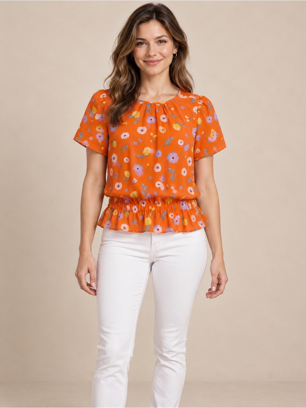 Ann Taylor Orange Floral Peplum Blouse XS Short Sleeve Ruffle Hem EUC